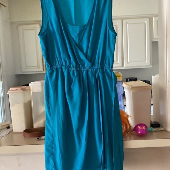 Dress teal cutsy v neck no sleeve belt tie on corner - Picture 3 of 8